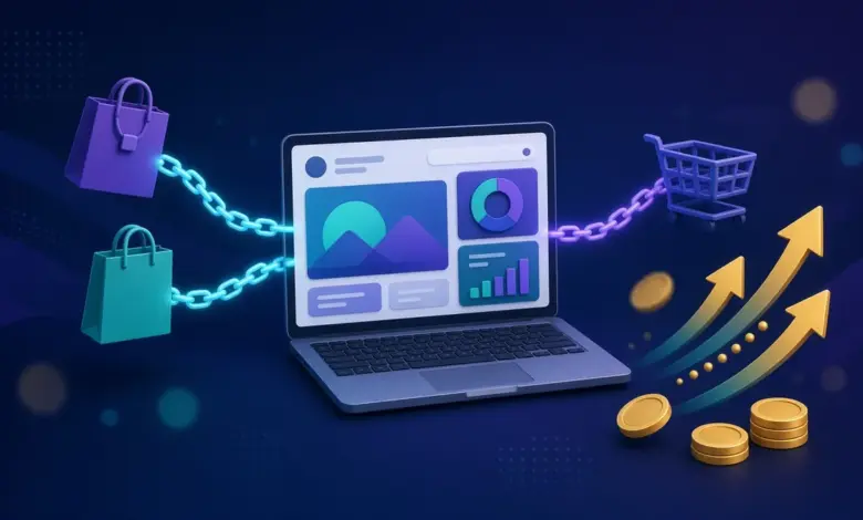 حاسوب محمول تربطه روابط بأكياس تسوق وعربة شراء وعملات ذهبية يرمز إلى التسويق بالعمولة