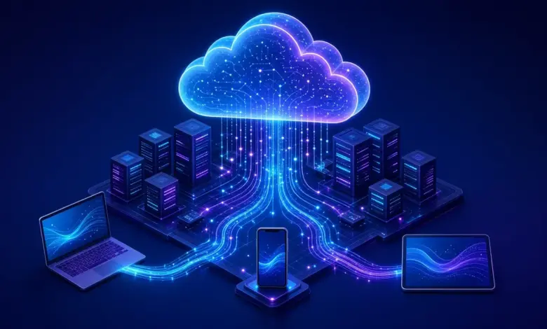 سحابة رقمية مضيئة فوق خوادم بيانات تتصل بحاسوب محمول وهاتف ذكي وجهاز لوحي