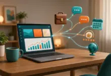 مكتب منزلي عليه حاسوب محمول وأيقونات مشاريع وتواصل مع العملاء ترمز إلى العمل الحر