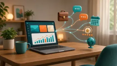 مكتب منزلي عليه حاسوب محمول وأيقونات مشاريع وتواصل مع العملاء ترمز إلى العمل الحر