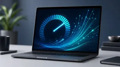 حاسوب محمول يعرض مؤشر سرعة مضيئاً يرمز إلى تسريع أداء ويندوز 11