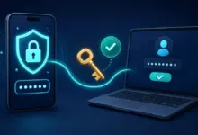 هاتف ذكي عليه درع وقفل وحاسوب محمول بشاشة تسجيل دخول يرمزان إلى التحقق بخطوتين