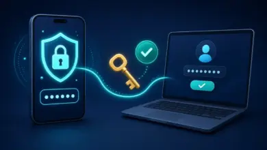 هاتف ذكي عليه درع وقفل وحاسوب محمول بشاشة تسجيل دخول يرمزان إلى التحقق بخطوتين