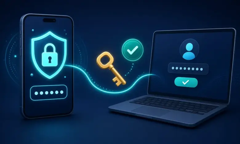 هاتف ذكي عليه درع وقفل وحاسوب محمول بشاشة تسجيل دخول يرمزان إلى التحقق بخطوتين