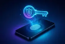مفتاح رقمي مضيء فوق هاتف ذكي يرمز إلى مفاتيح المرور Passkeys