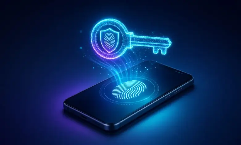 مفتاح رقمي مضيء فوق هاتف ذكي يرمز إلى مفاتيح المرور Passkeys